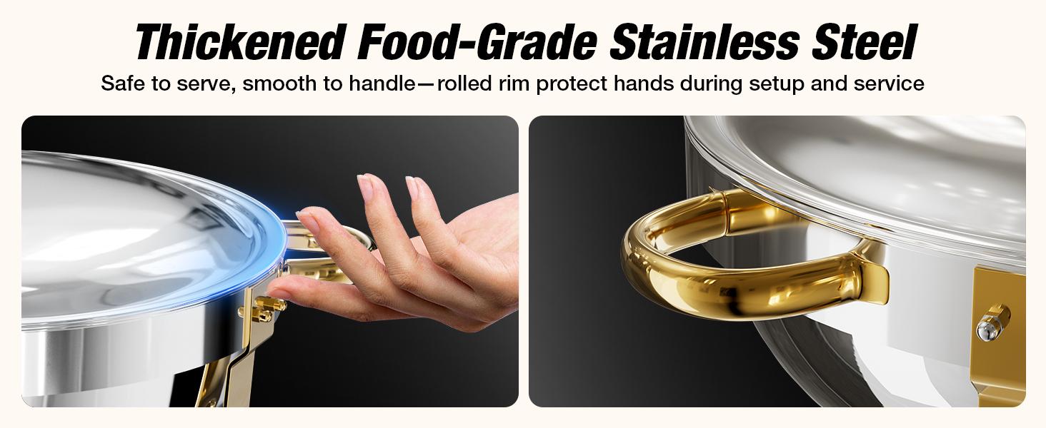 WARMOUNTS Gold Chafing Dishes for Buffet (5QT, 2/4/6 Pack), Round Chafer and Warmer Set with Lid Holder, Rolled Rim Process (No Finger Cuts), Mirror-Polished Stainless Steel, for Catering, Party, Wedding