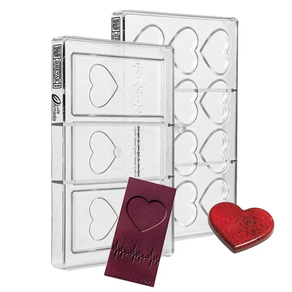 Greyas Luis Amado Set of 2 Clear Polycarbonate Chocolate Molds: One with 12 Heart Cavities and One with 3 Heartbeat-Bar Cavities