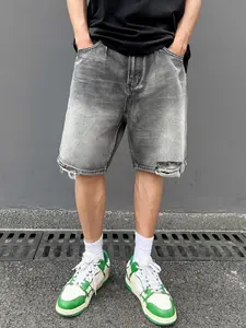 SRETOUU Men’s Washed Grey Baggy Denim Shorts – Streetwear distressed denim knee-length shorts Menswear Classic Loose