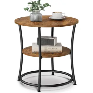Side Table, Two-Tier Round Coffee Table, Bedside Table with Steel Frame, Suitable for Small Spaces, Living Room, Bedroom, Rustic Brown and Jet Black
