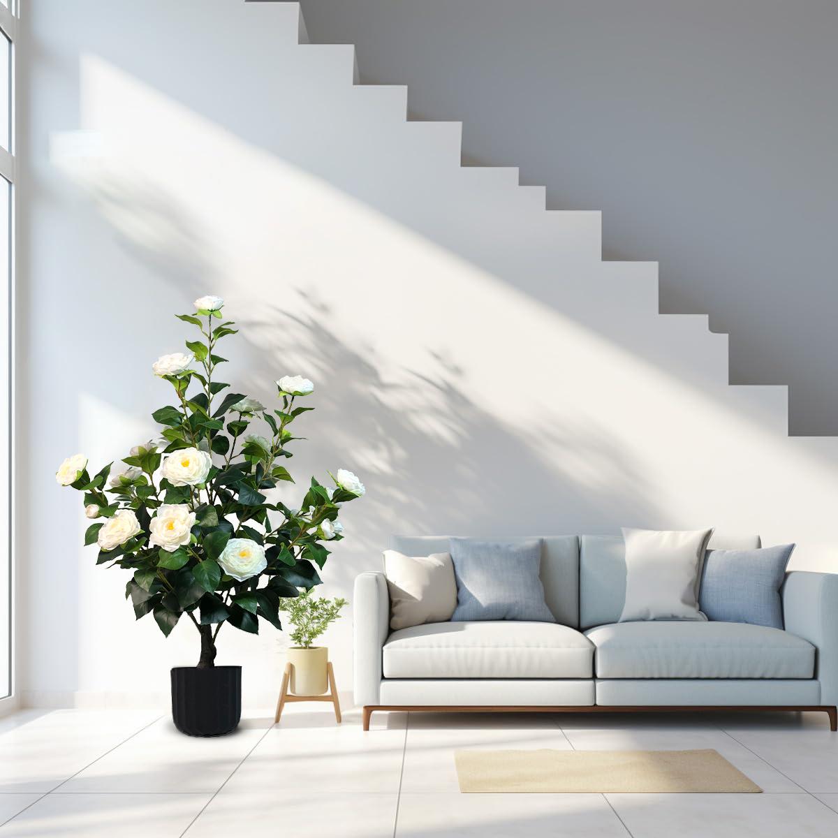 2 Pcs 3-foot Camellia Tree with Decorative Pebbles, Flower Pot, 24 Realistic Flowers, 188 Leaves for Indoor, outdoor courtyard Home Decor