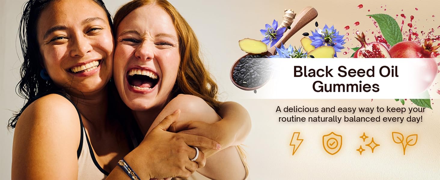 90 Black Seed Oil Gummies | 500mg Cold-Pressed Black Seed Oil, Amla, Bamboo, Fo-Ti, Nettle Leaf, Gotu Kola Extract | Vegan, Non-GMO Gummies | Hair, Skin & Nail Nourishment | Pomegranate Flavor