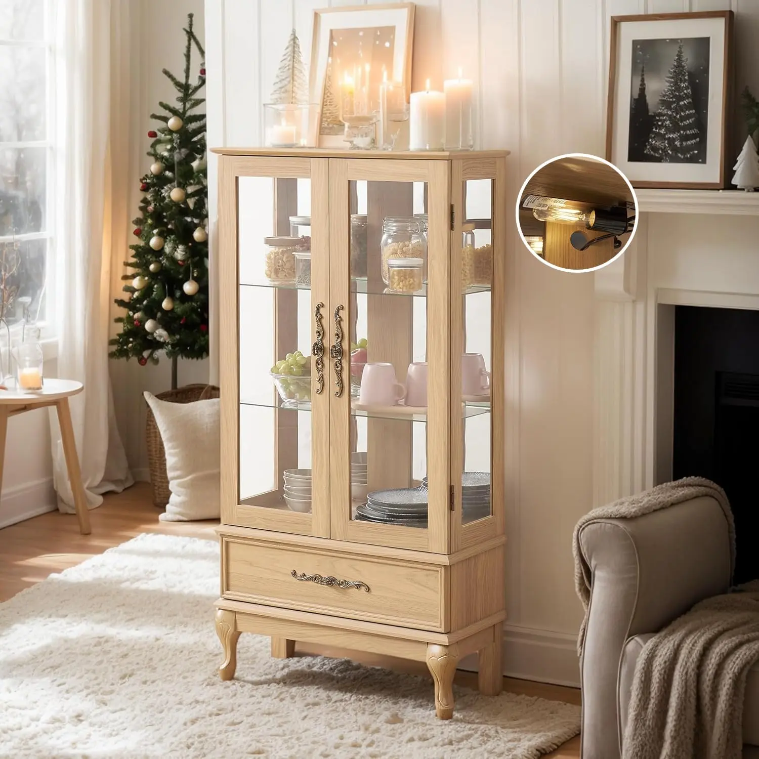 Eyisean 52" Lighted Sturdy Engineered Wood Storage Cupboard - Storage Unit, 3-Tier Retro Look Antique China Display Case with Tempered Glass Adjustable Shelves, Drawer, Acrylic Panel, Mirrored Back, Carved Legs, DIY E26 Light Bulb for Living Room