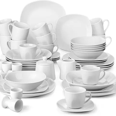 MALACASA Elisa Series 50-Piece Porcelain Dinnerware Set - FDA Certified, BPA-Free, Dishwasher-Safe, Minimalist Grey-White Rounded Tableware for 6-10 People with Cutlery, Coffee Cups, Bowls, Dinner Plates (Festival-Ready)