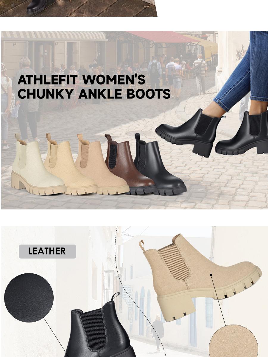 Athlefit Women's Chelsea Boots Fashion Lug Sole Chunky Heel Slip on Elastic Ankle Booties SpringStatements