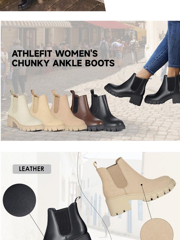 Athlefit Women's Chelsea Boots Fashion Lug Sole Chunky Heel Slip on Elastic Ankle Booties