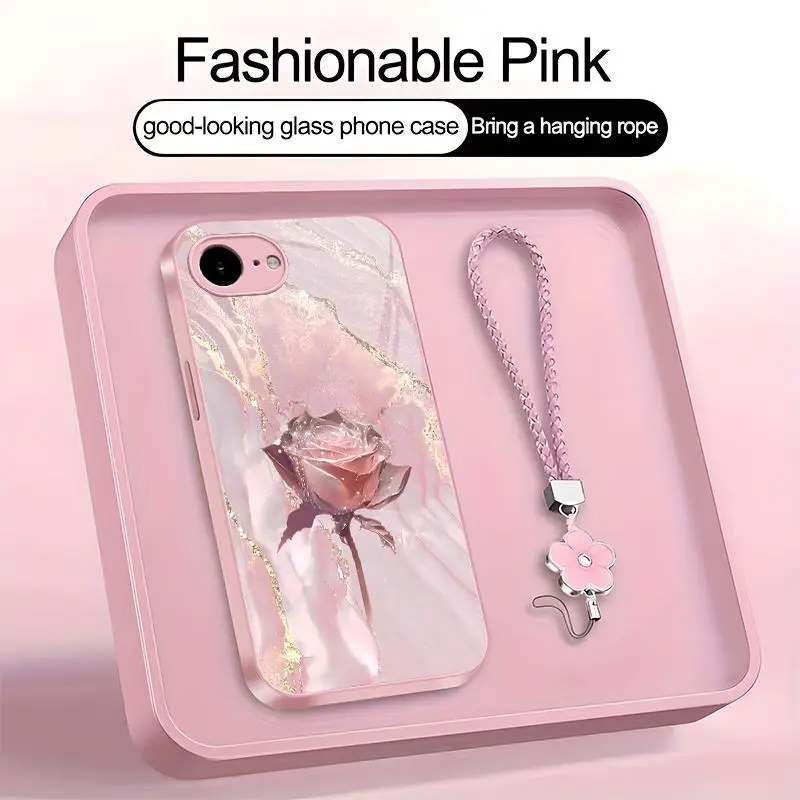 Crystal Rose Art Phone Case with Flower Lanyard | Glossy Glass Feel Smooth 2D Printed Cover | Spring Easter Gift for [iPhone 16e] 952
