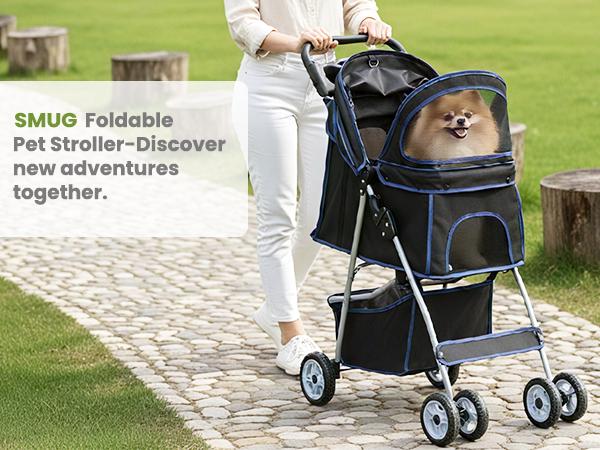 Pet Stroller for Dogs and Cats, Foldable, Lightweight and Durable, Ideal for Small to Medium Pets, Includes Storage Basket and Cup Holders