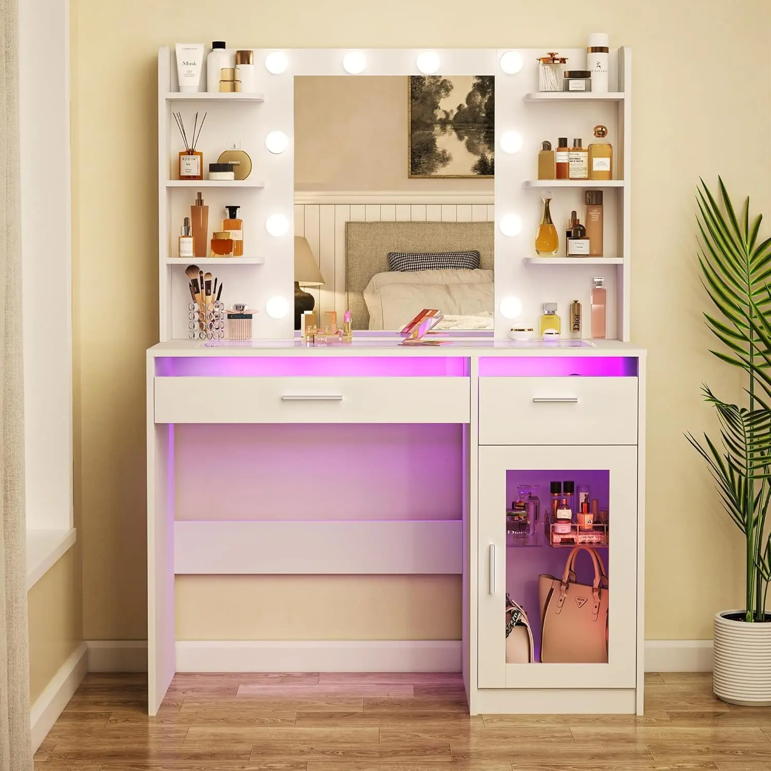 Makeup Vanity Desk with Lighted Mirror, 3-Color Lights, Transparent Top, 2 RGB Drawers, 6 Shelves, Large Tempered Cabinet, Power Outlet, Stylish Full-Sized Luxury-Inspired Drawer-Style Vanity for Bedroom, White, Stylish Makeup Vanities