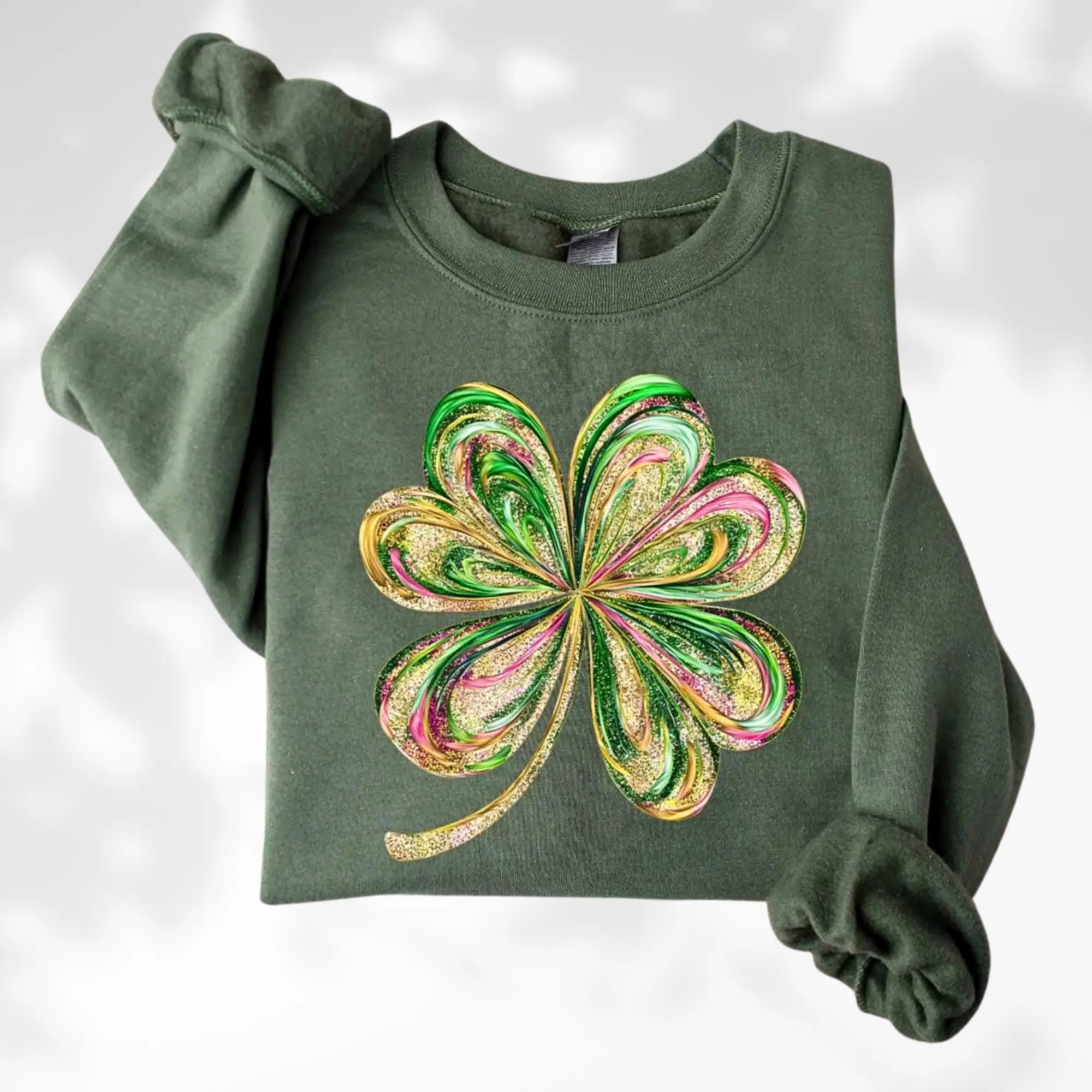 St Patricks Day Sweatshirt, Faux Gold Glitter Shamrock Sweater, Cute Pink Green Clover, Lucky Women Gift, Vintage Graphic Crewneck
