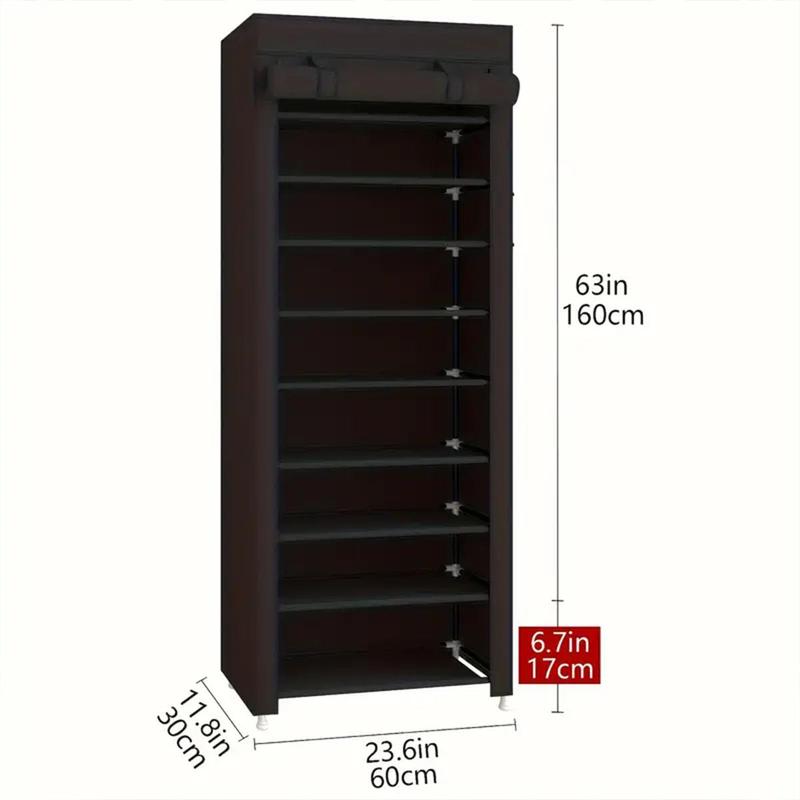 10 Tier Shoe Rack 9 Grids with Dustproof Cover, Adjustable Standing Shelf, Large Capacity Storage Rack, Dustproof Stackable, Freestanding Shoes Organizer, Plastic Metal, Black, Easy Installation