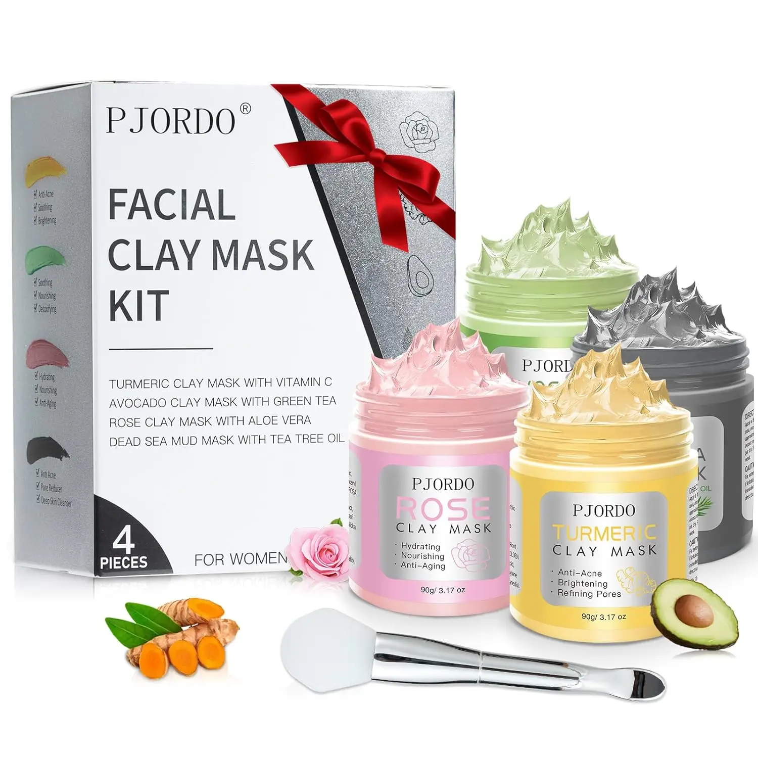 4pcs Clay Mask for Face(360g in total), Turmeric Vitamin C, Dead Sea Mud,Green Tea, Avocado, Rose, Facial Clay Mask Set, Gift Set for Women, Face Mask Skin Care, Gifts for Women, 3.17 Oz Each