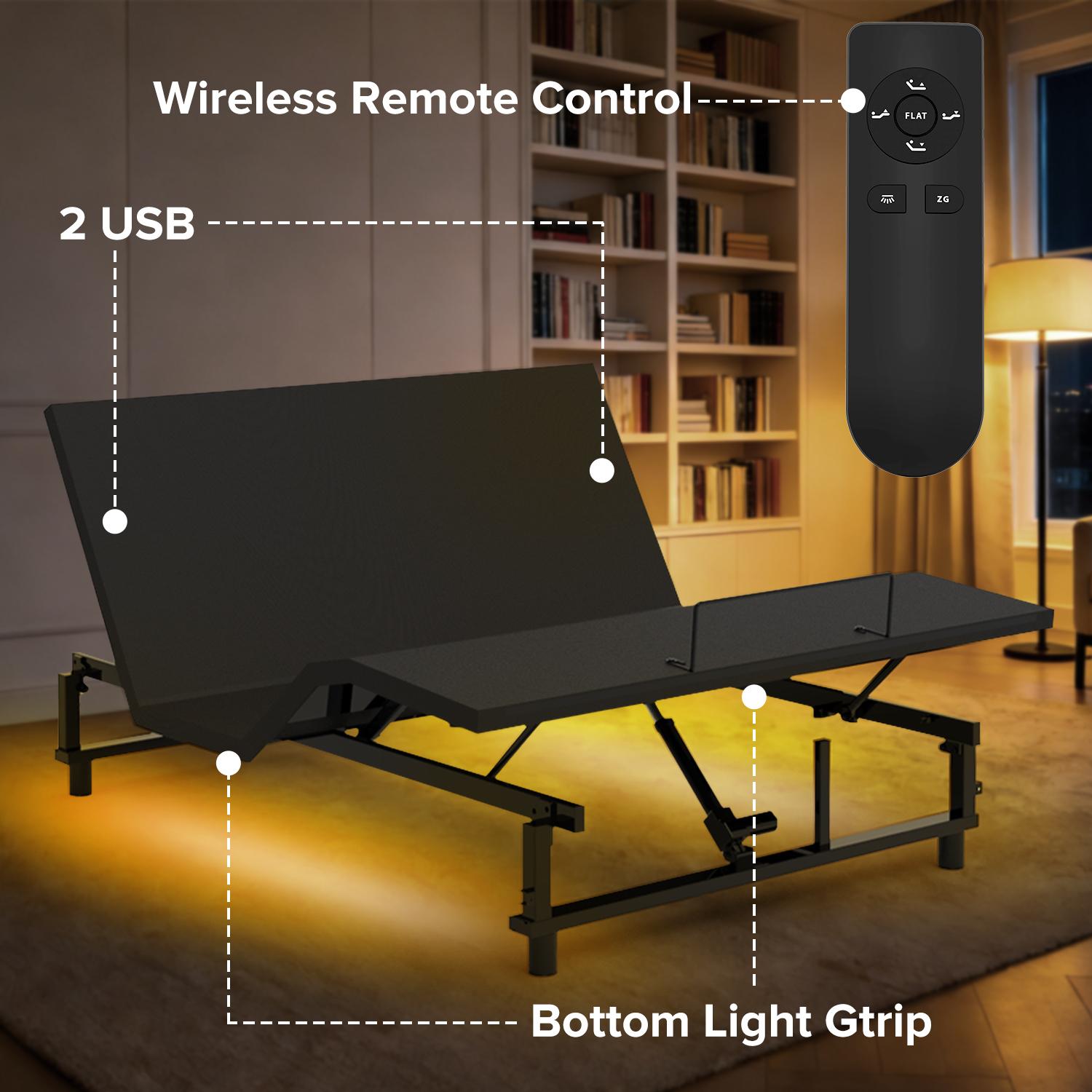 Adjustable Bed Base Frame King Size Bed Frame with Head and Foot Incline Quiet Motor Zero Gravity, 4 Ports USB, Under-Bed Nightlight Adjustable Bed Base Frame King Size Bed Frame with Head and Foot Incline Quiet Motor Zero Gravity, 4 Ports USB, Under-Bed Nightlight