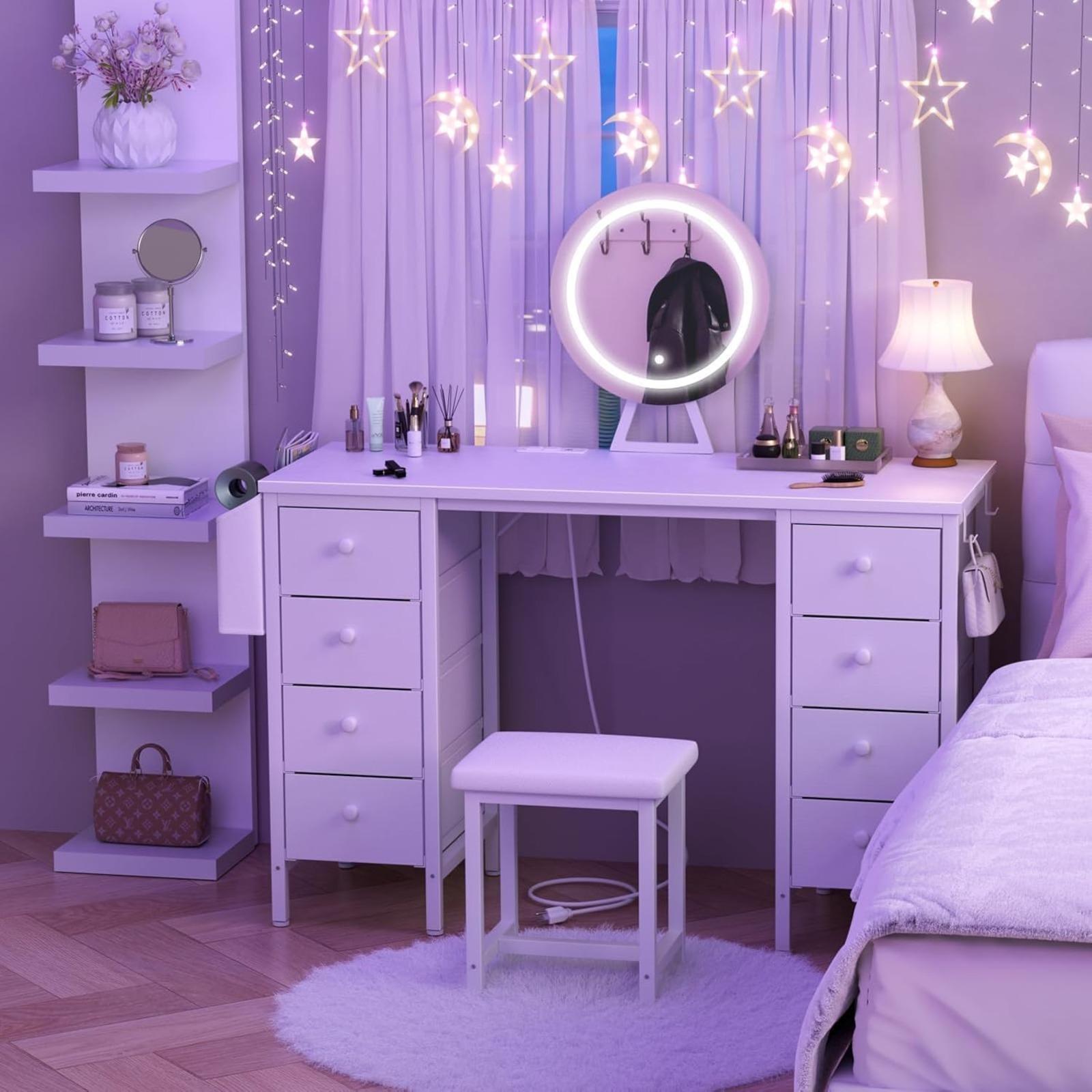 White Vanity Desk with Mirror and Light- Makeup Vanity Set Table with Chair, Storage, Lighted Mirror, 8 Large Fabric Drawers & Power Outlet, Dressing Table Vanities for Bedroom, Get Free Gift White Vanity Desk with Mirror and Light- Makeup Vanity Set Table with Chair, Storage, Lighted Mirror, 8 Large Fabric Drawers & Power Outlet, Dressing Table Vanities for Bedroom, Get Free Gift