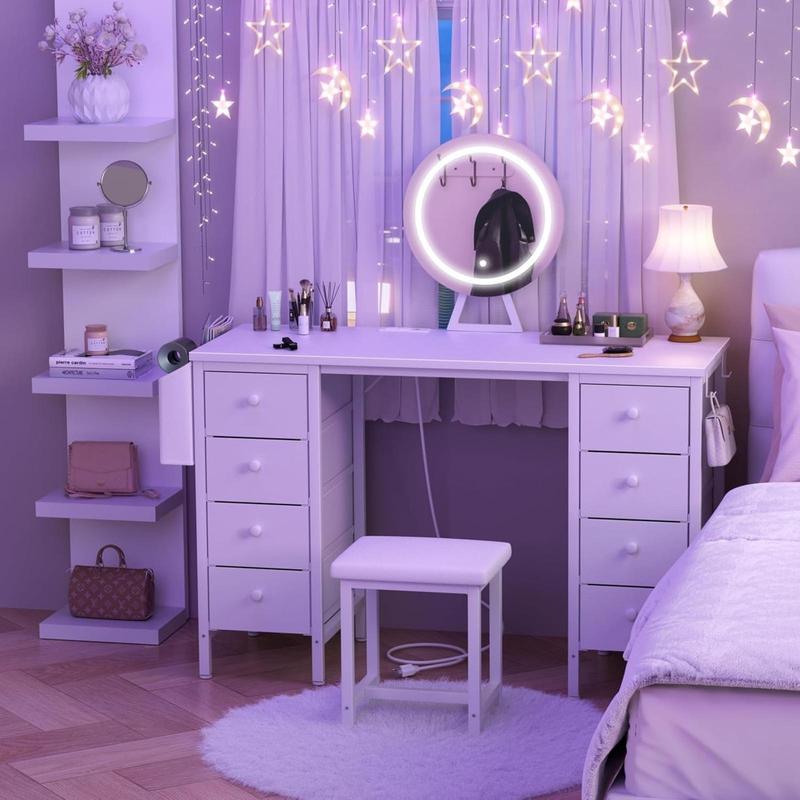 White Vanity Desk with Mirror and Light- Makeup Vanity Set Table with Chair, Storage, Lighted Mirror, 8 Large Fabric Drawers & Power Outlet, Dressing Table Vanities for Bedroom, Get Free Gift