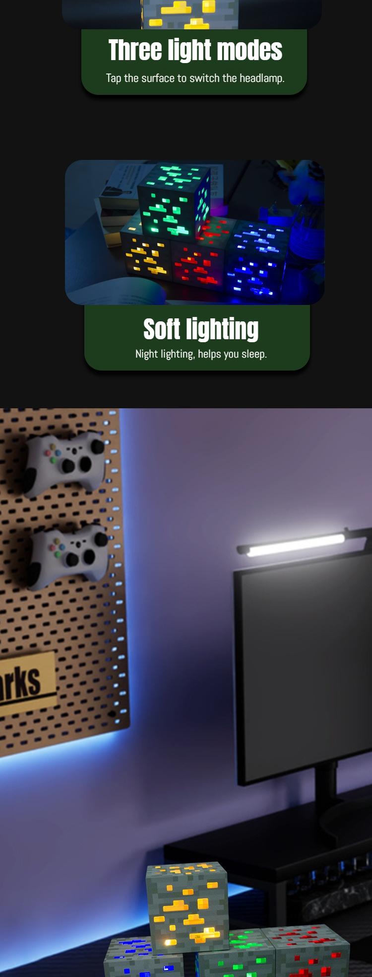 Light-Up Redstone Ore Statue Mc Ore Lamp with Diamond & Lapis Lazuli Effects Rechargeable LED Multicolor Display for Bedrooms Living Rooms