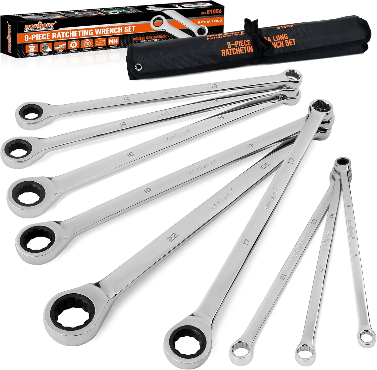 HORUSDY 9-Piece Extra Long Ratcheting Combination Wrench Set - Metric 8-19mm CR-V Steel Heavy Duty Double Ended Hex Combination Ratchet Wrenches with Tool Bag (TikTokShopBlackFriday), Double Ended Wrench