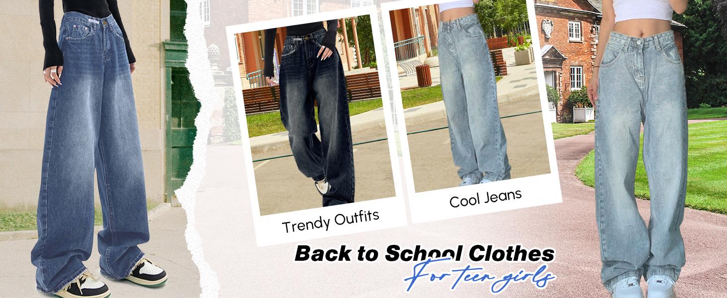 EMMIOL Women's Wide-Leg Loose Jeans, four-pocket design, zip fly, button closure, belt loops, relaxed fit - Women's Bottoms, Pants, Street Style, Comfortable