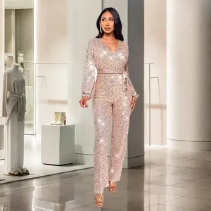 Deep V Fashion Casual Jumpsuit Long Sleeve Belt Sequin Jumpsuit