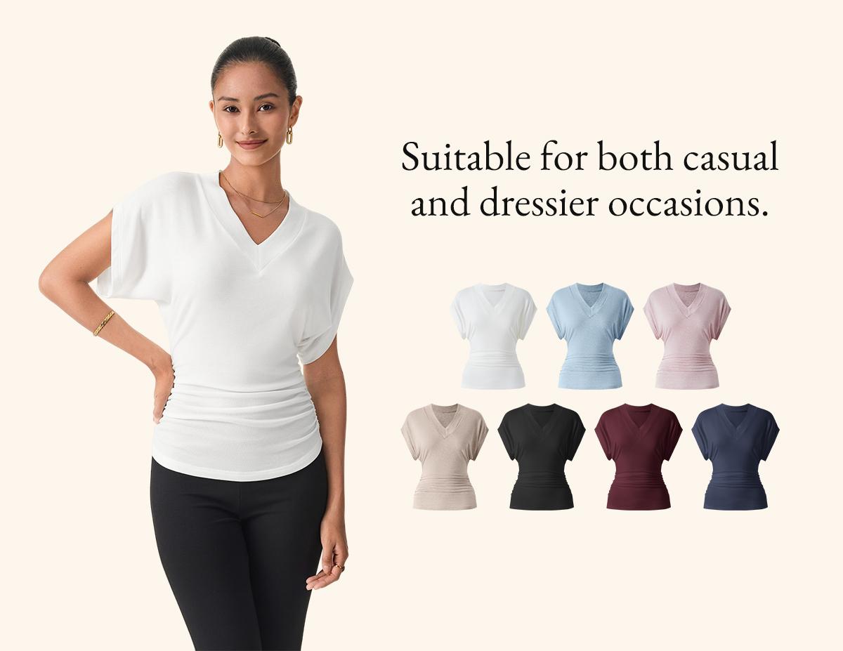 OGL Semi-sheer Lyocell Cashmere Blend V-neck Short Sleeve Side Ruched Tee