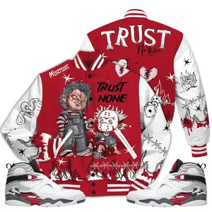 8 Bugs Bunny Varsity Jacket Trust No One Scary Graffiti Streetwear Sneaker Match White True Red 8s Outfits Matching High-Grade Polyester Custom Baseball Jacket