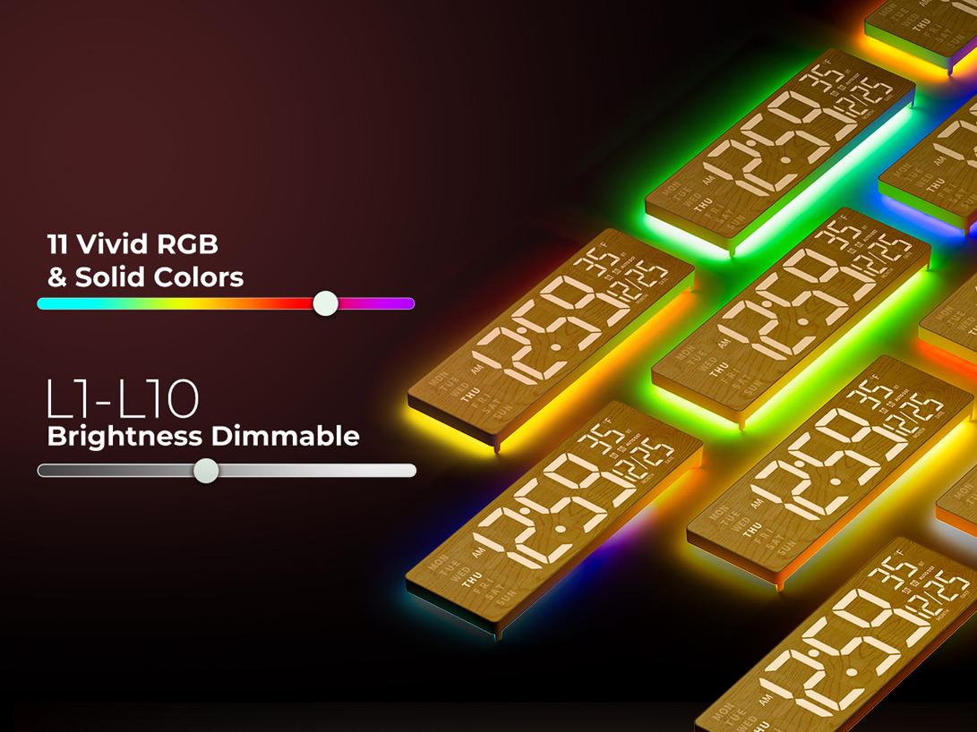 EASYERA Large Wood Grain Digital Wall Clock 16.5" & 12" with Remote Control RGB Atmosphere Lights 11 Scenes Dual Alarms LED Display for Livingroom Classroom Office Game