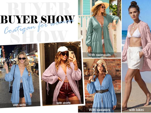 【SS26 Collection】TARSE Womens Oversized Swimsuit Cover Up Linen Blend Tie Front Kimono Long Cardigan Pleated Ruffle Flowy Coverup Beachwear with Pockets Vacation Outfits
