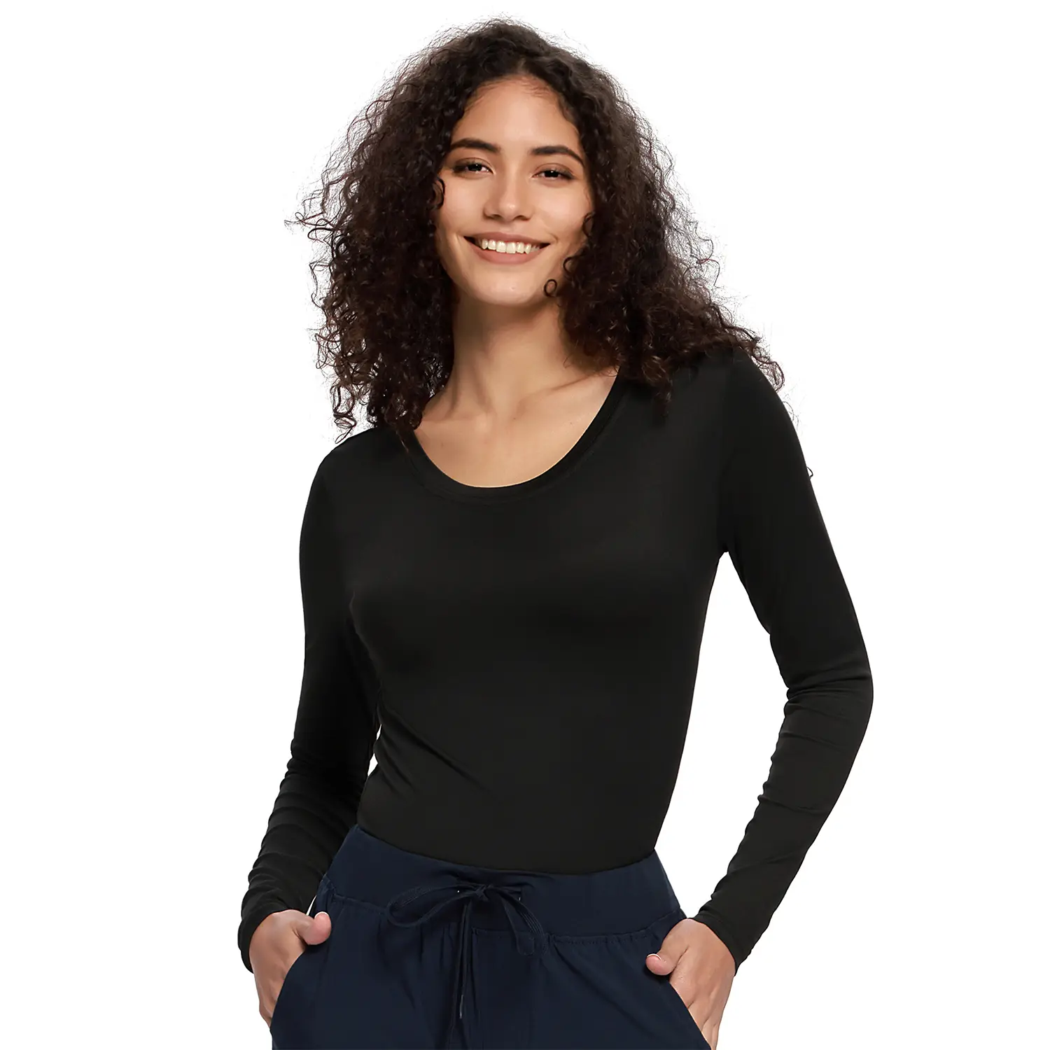 COZYFIT Women's Long Sleeve Underscrub Top - Soft Stretch Crew Neck Nurse Workwear Uniform, Lady's Women's Clothes for Summer, Black Soft Fabric Undershirt
