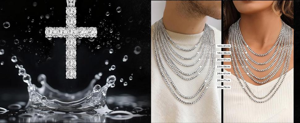 S925 Silver Cross Pendant Necklace Set for Men Women CZ Cross Pendant Layered Necklaces Stainless Steel Cuban Link Rope Chain Necklace Stack Jewelry with Gift Box 16-30 Inches