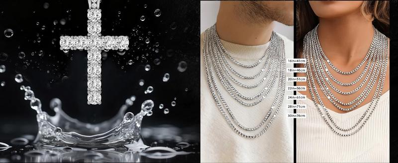 S925 Silver Cross Pendant Necklace Set for Men Women CZ Cross Pendant Layered Necklaces Stainless Steel Cuban Link Rope Chain Necklace Stack Jewelry with Gift Box 16-30 Inches