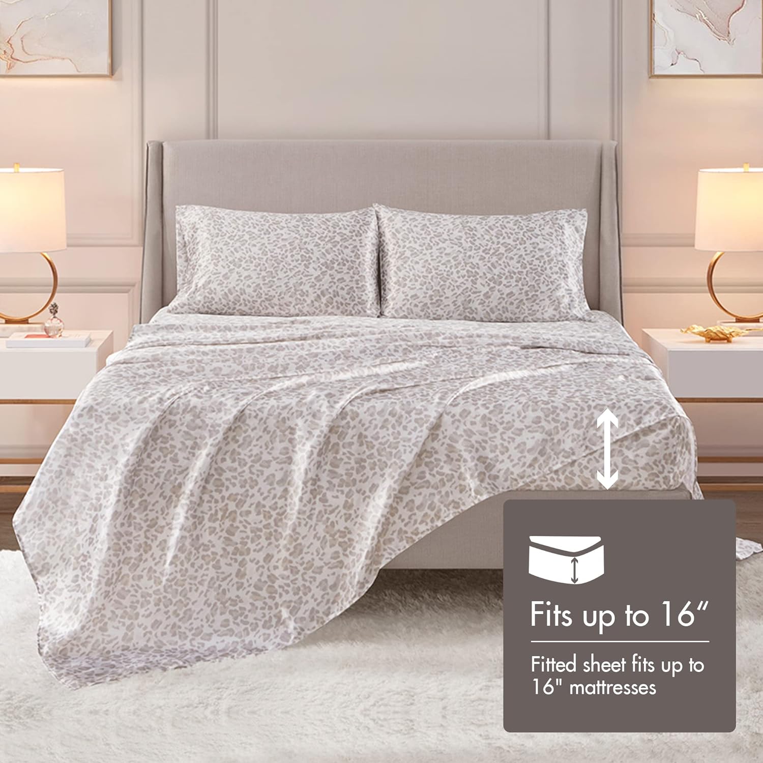 Madison Park 4 Piece Leopard Printed Satin Sheet Set (1*Flat Sheet + 1* Fitted Sheet + 2*Pillowcases), Luxury And Silky With Natural Sheen, Elastic 14" Pocket Fits Up To 16" Mattress, All Around Elastic - Year-Round Bedding