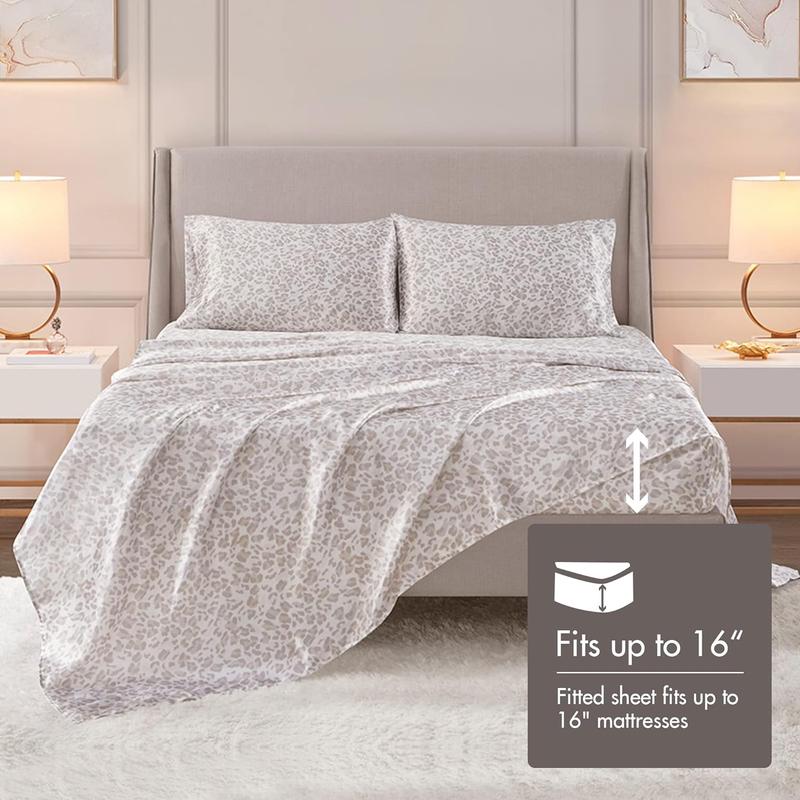 Madison Park 4 Piece Leopard Printed Satin Sheet Set (1*Flat Sheet + 1* Fitted Sheet + 2*Pillowcases), Luxury And Silky With Natural Sheen, Elastic 14" Pocket Fits Up To 16" Mattress, All Around Elastic - Year-Round Bedding
