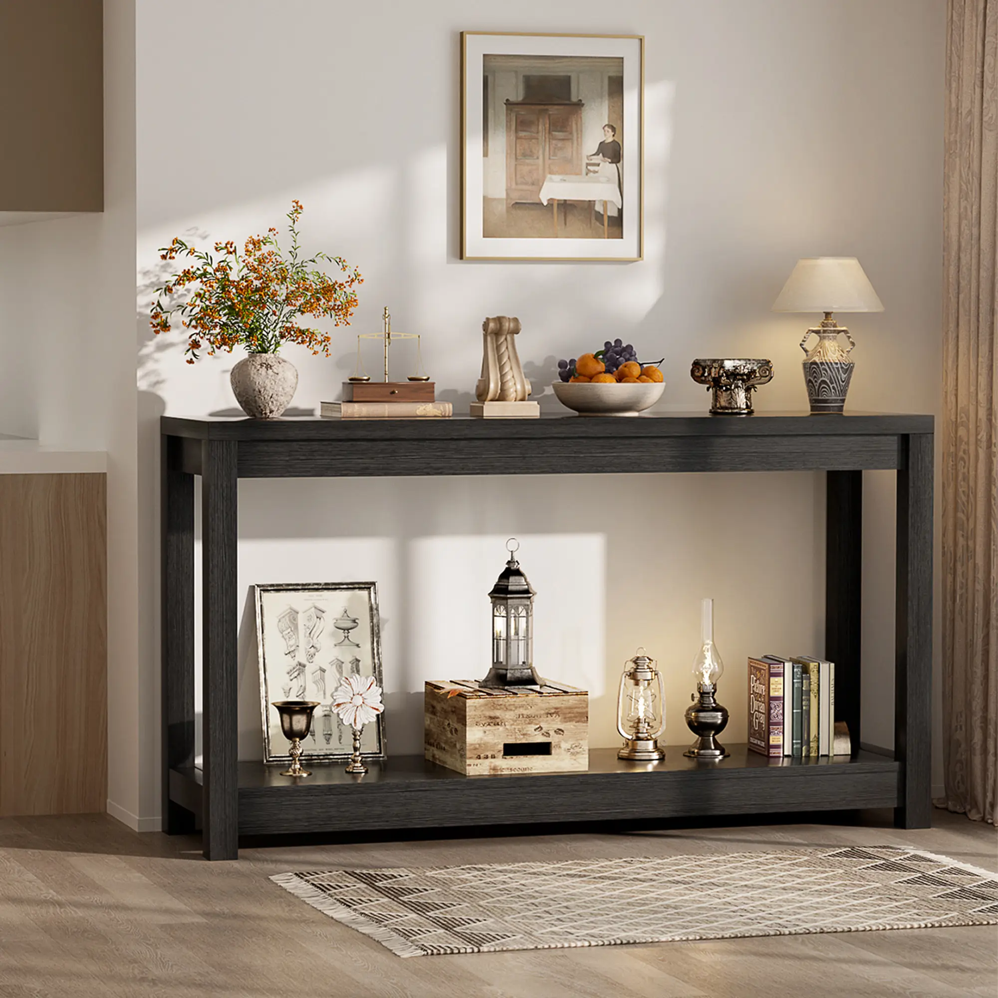 47'' W Farmhouse Console Table, Sturdy Thick Board, 2-Tiers Wood Entryway Table Sofa Table with Storage Shelf