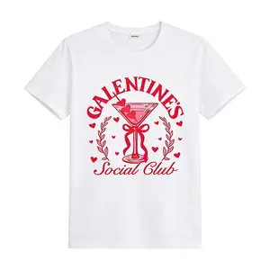 Valentine'S Day Social Club T-Shirt, Featuring A White And Pink Cocktail Glass Pattern With Heart And Wreath Designs, Suitable For Valentine'S Day Parties