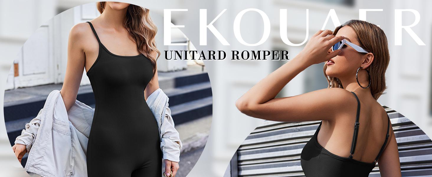 EKOUAER Womens Workout Romper Ribbed Unitard Stretch One Piece Short Jumpsuits Yoga Sleeveless Adjustable Outfits 2025