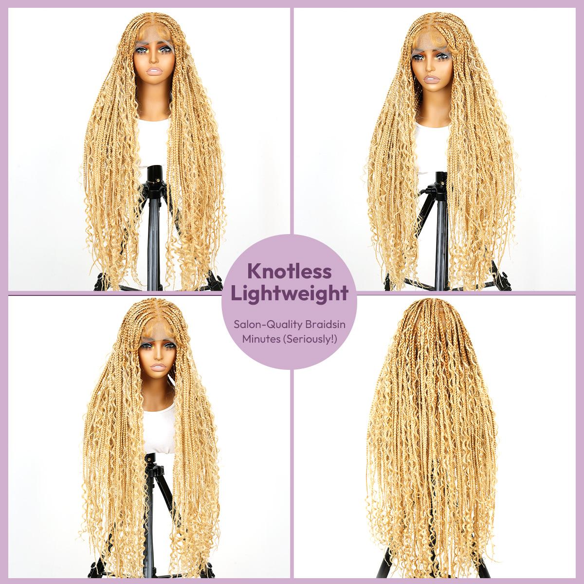 Spring Musts #T274/614 36 Inches Full Lace Premium Synthetic Fiber Bohemian Box Braided Wigs Knotless SuperNova Hair Ash Blonde Wig DM to Pre-cut Lace