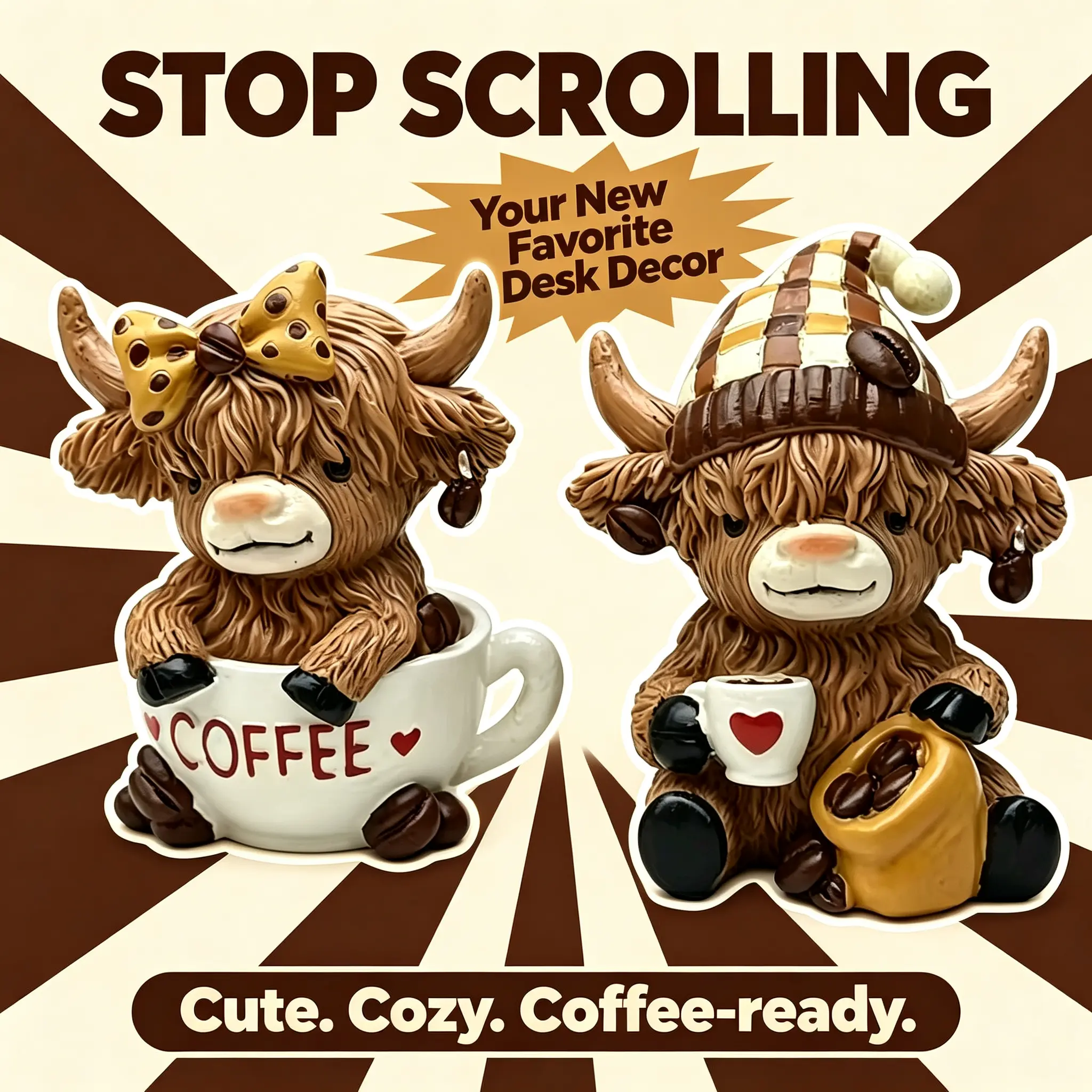 Cow Figurine with Plaid Hat and Coffee Cup - Home Decor Statue, Ideal Gift for Home Supplies Enthusiasts