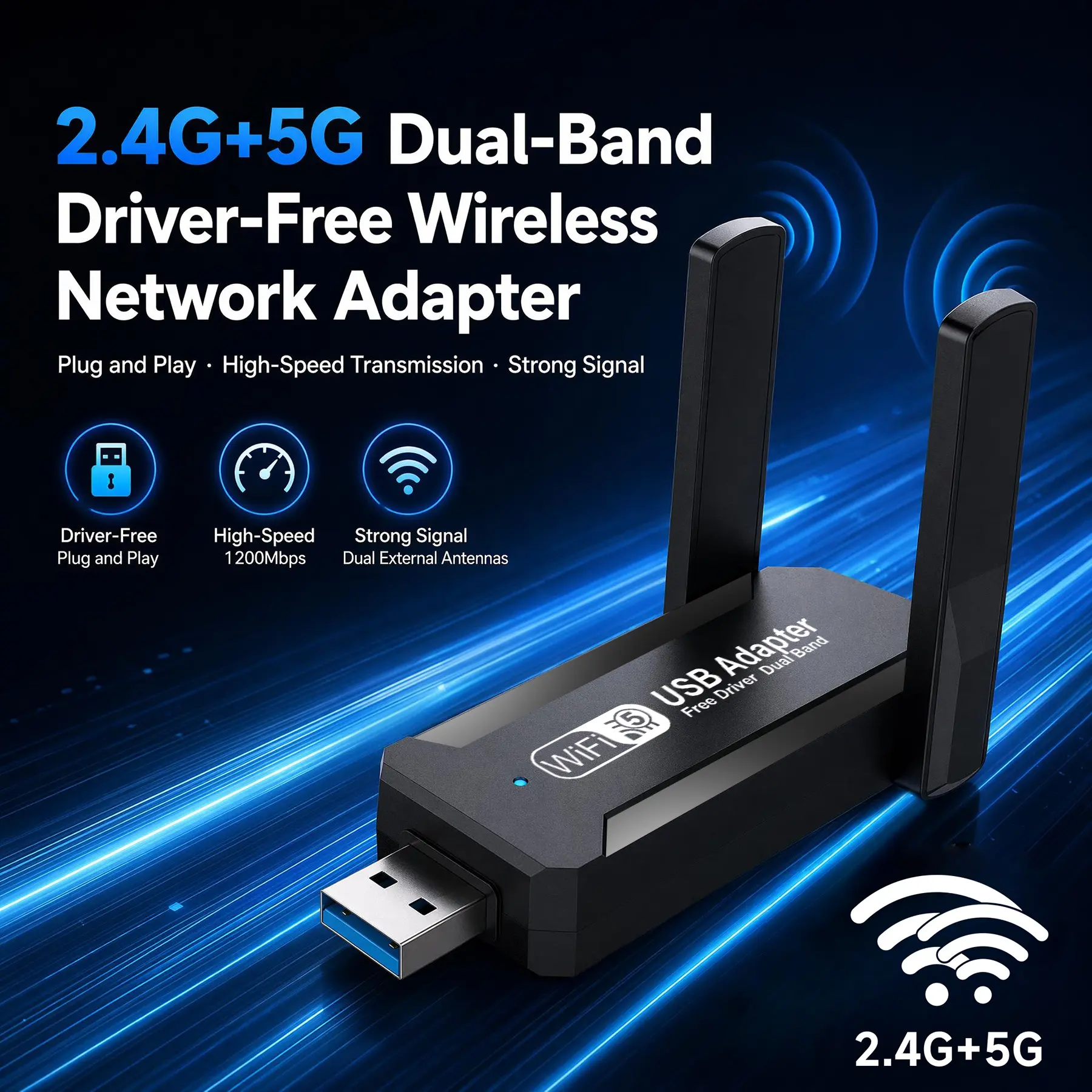 1300Mbps USB WiFi Adapter — Dual-Band (2.4G + 5G), Driver-Free Plug-and-Play, External High-Gain Antenna, Supports AP Mode (Create a Hotspot) — Upgrade Desktop Wireless WiFi
