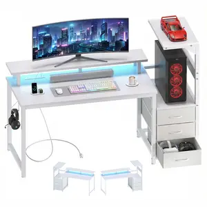 52" L Shaped Gaming Desk with LED Lights & Power Outlets, Office Computer Desk with Storage Shelves & Drawers, PC Stand Cable Management for Dual Monitor Setup, Wood Desk for Home Office