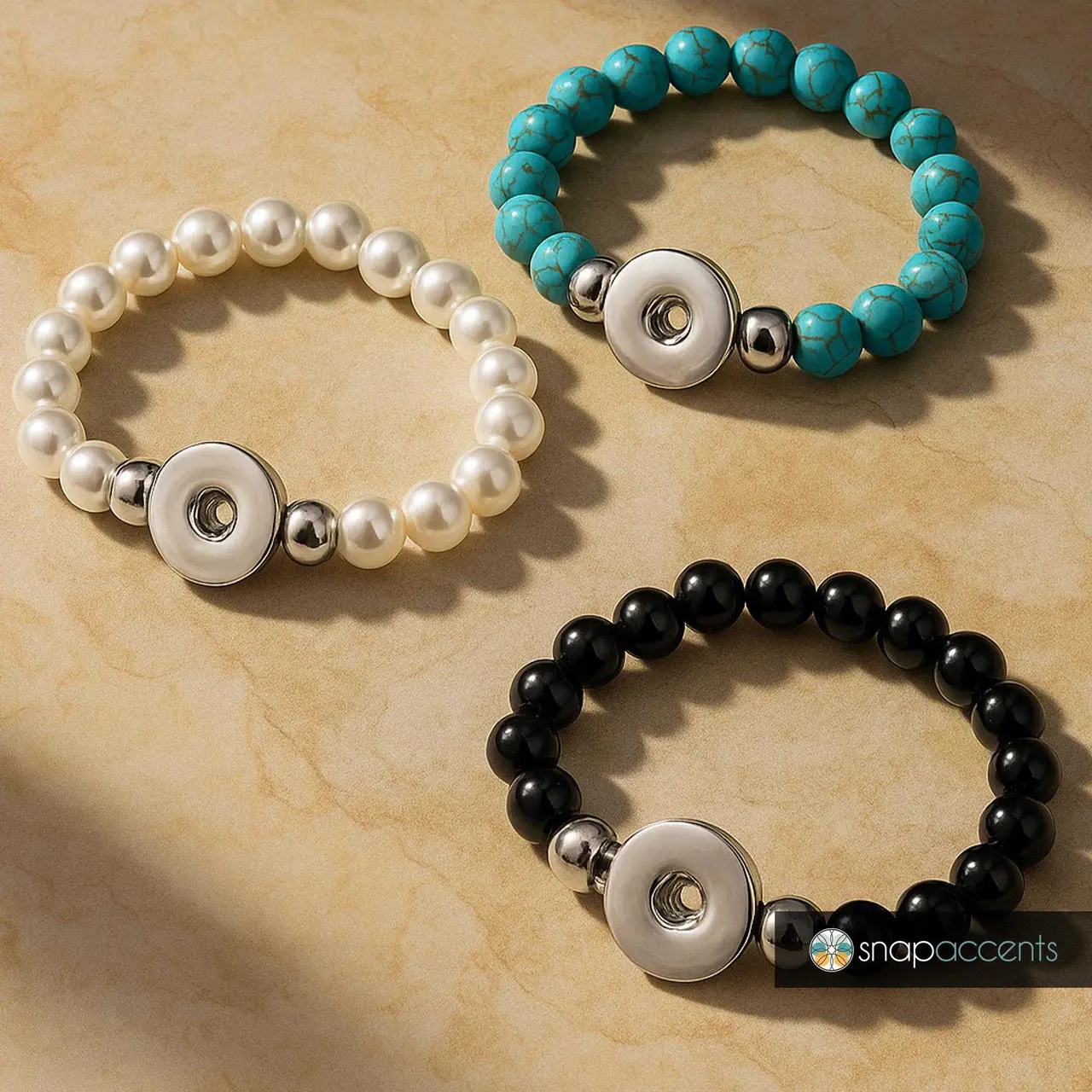 Bead Snap Jewelry Ginger Charm Bracelet, 6.5in. Stretch Adjustable Band, Fits 18MM 20MM Women's Customizable Snap Charm Buttons
