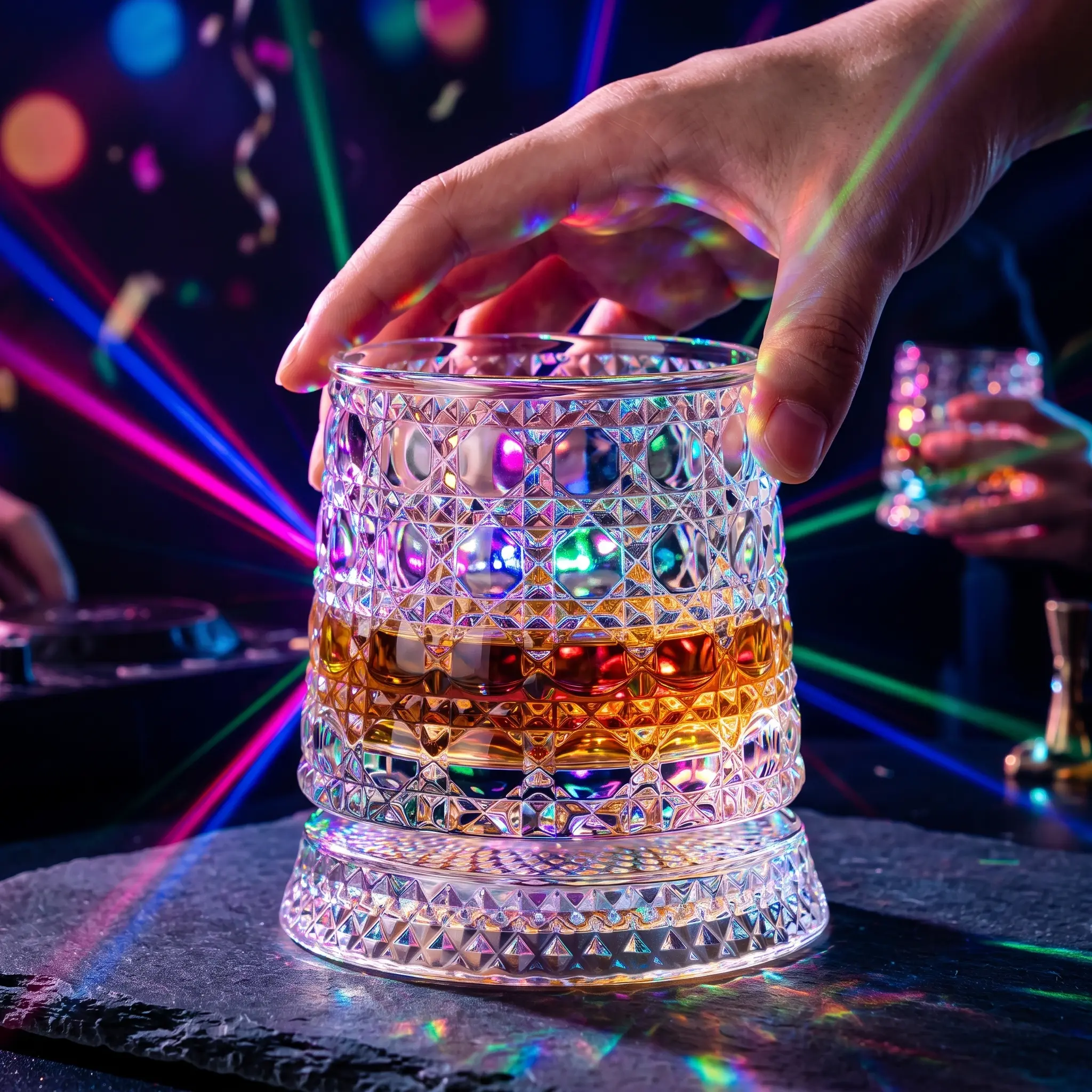 Stylish Transparent Whisky Crystal Drinking Glass with Diamond-Snowflake Gemstone Pattern, 360° Smoothly Rotates Base, Light-Up Feature, Festive Party Supply, Gift for Bourbon Enthusiasts