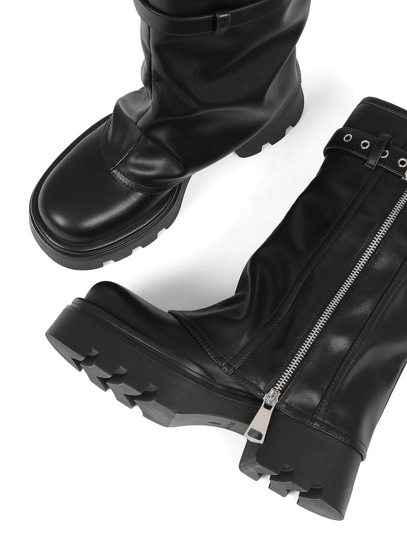 Women's Fold Over Boots Slouchy Boots Wide Calf Pleated Platform Boots Stacked Side Zipper Boots Mid Calf Boots Goth Y2k