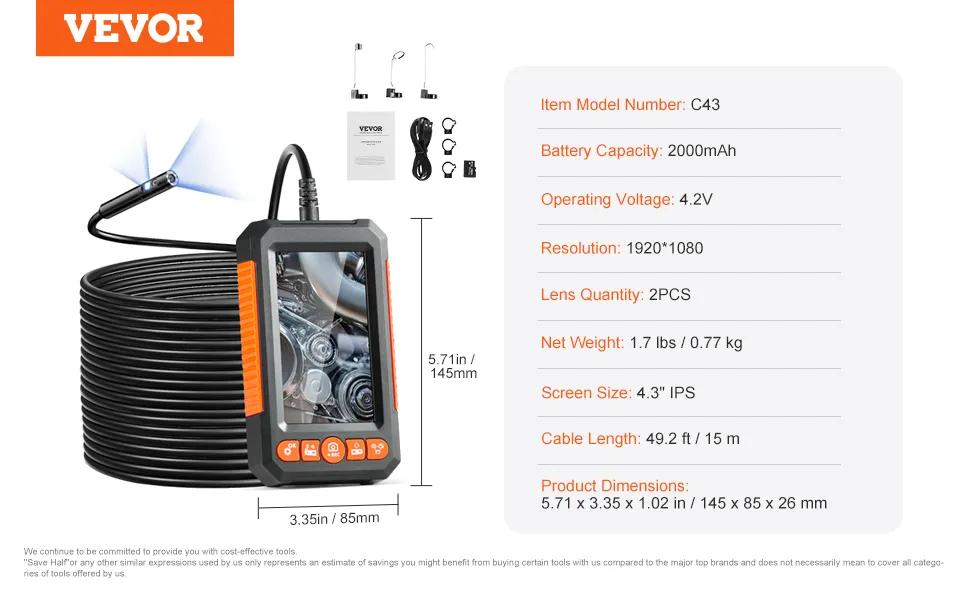 VEVOR Endoscope Camera with Light,  Triple Lens Borescope with 49.2FT Semi-Rigid Cable, 5" Screen 1080P Inspection Camera, 8 + 2 LED Lights, IP67 Waterproof Snake Camera for Auto, Plumbing (32GB Card)
