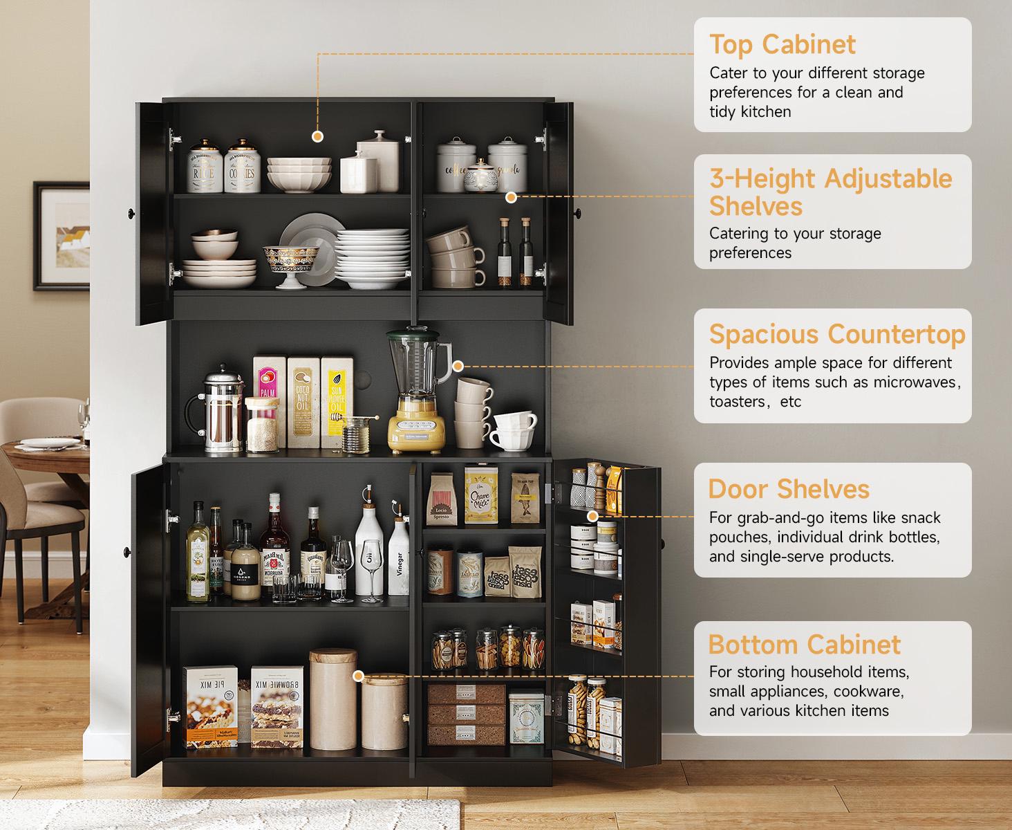 【SPOTLIGHT DAY】ONBRILL 71" Tall Kitchen Pantry Storage Cabinet with Microwave Stand & Door Shelf, Freestanding Kitchen Hutch with 6 Doors and Adjustable Shelves, Modern Food Pantry for Kitchen, Dining Room