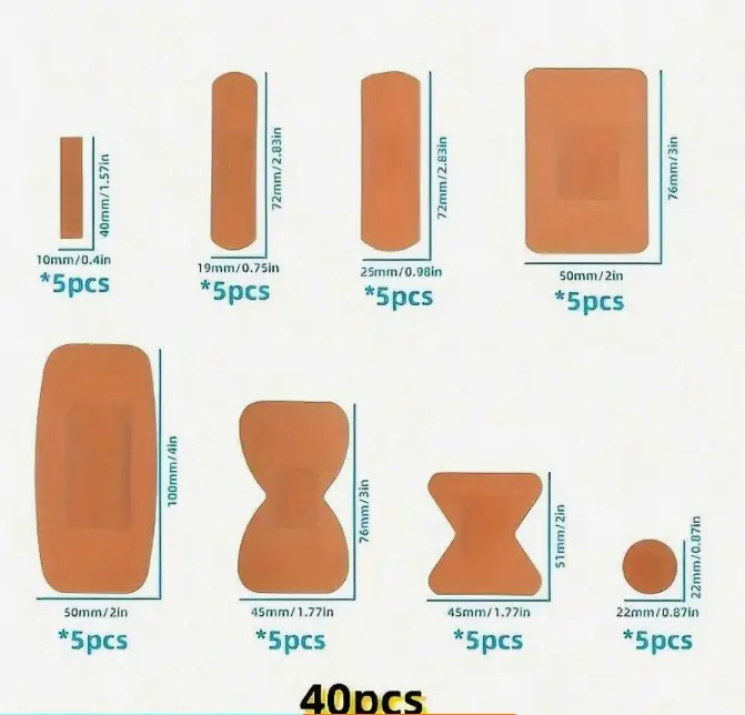 40 Pcs Waterproof Adhesive Bandages Assorted Shapes & Sizes with Cushioning Pads Flexible PE Material Individually Packaged