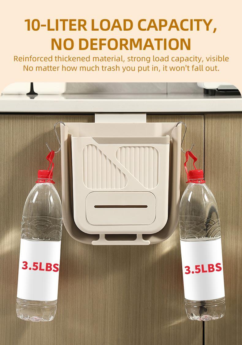 Foldable hanging kitchen trash can for cabinet doors, ideal for food scraps and kitchen waste. Foldable trash can for RVs/bathrooms/cars—space-saving trash can.