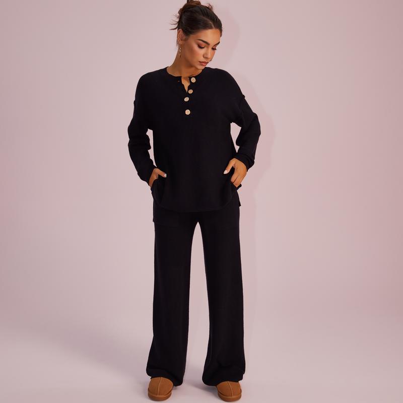 Joyfunear Women's Waffle Knit Loungewear Set - Cozy Button-Front Top & Wide Leg Pants Fit Pajama - Soft Fabric, Chic Design, Perfect for Lounging at Home