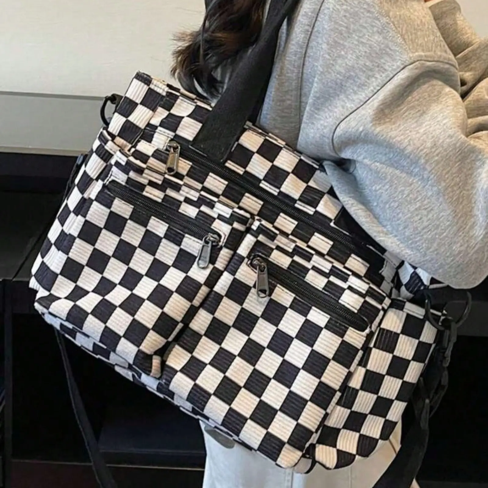 Checkerboard Pattern Corduroy Material Women's Fashion Tote Bag, Large Capacity Multi-Pocket Shoulder Crossbody Bag With Detachable Adjustable Shoulder Strap, Everyday Underarm Bag Suitable for Casual, Shopping, Travel, Work, School, Party, Gift