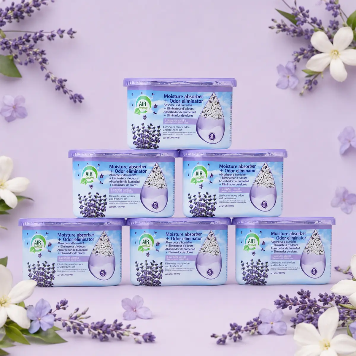 Air Fusion Aluminum Foil Moisture Absorber Odor Eliminator Containers - 14 oz Spill-Proof Dehumidifier Boxes, 3 Pack (14 oz)-Lavender Vanilla, 45-60 Days Use for Closets/Bathrooms, 6-Pack Option Home Care Supplies (Moisture Absorbers for Storage)