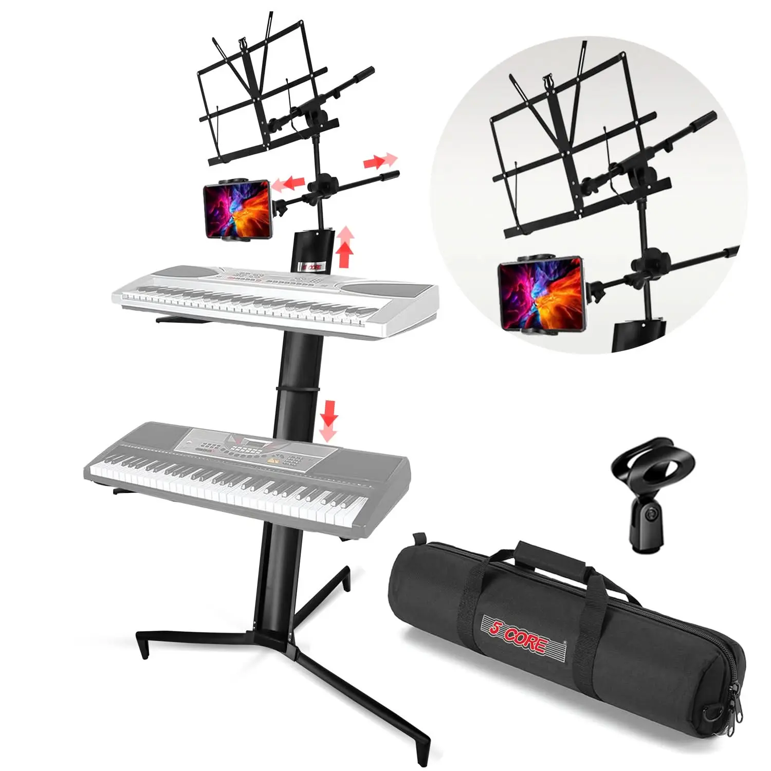 5 Core Keyboard Stand 2 Tier Column for 61/76/88 Key board Heavy Duty Aluminum Build Stands